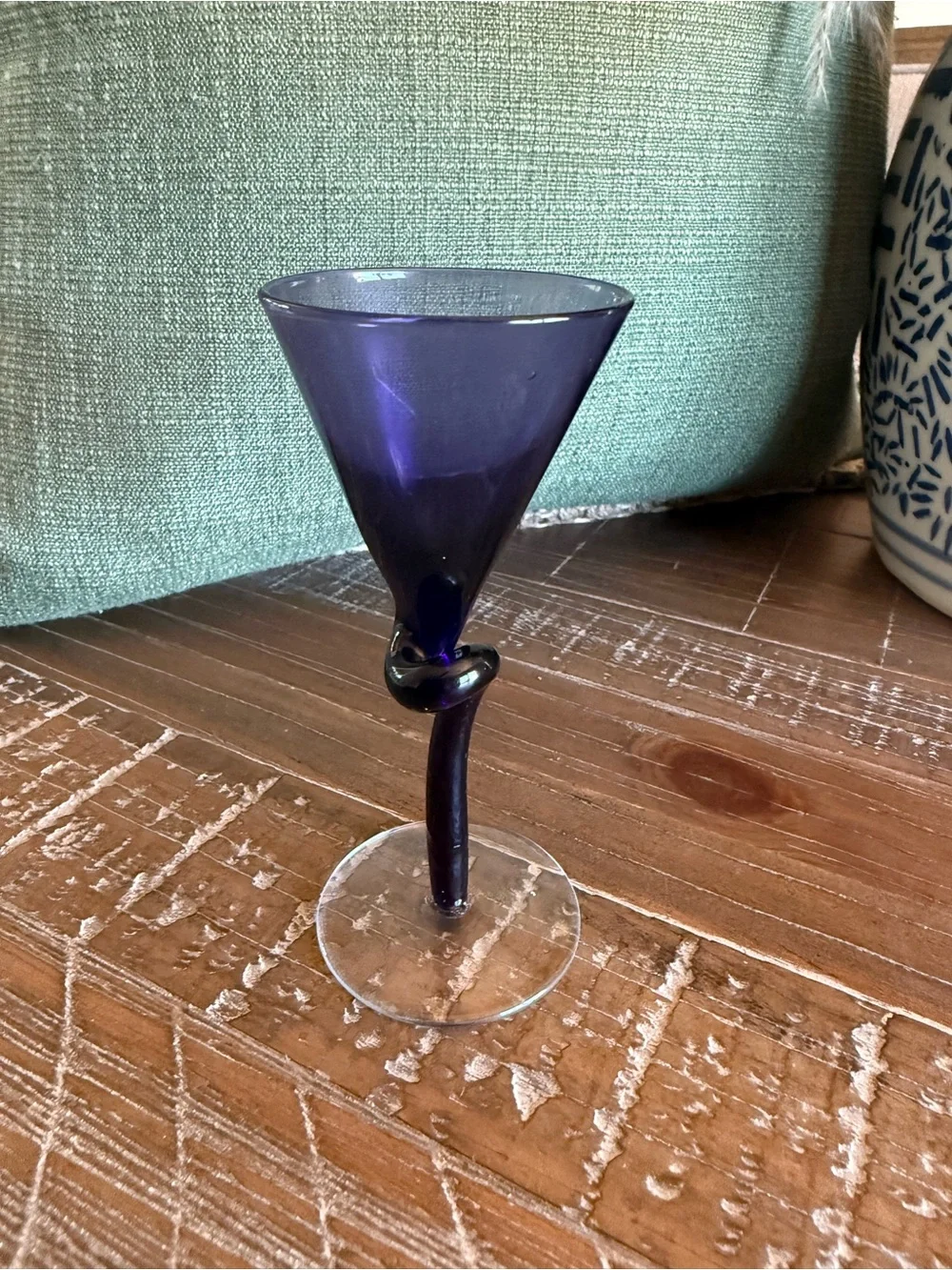 Pier 1 Imports Knotted Stem Martini Glasses Hand Blown Purple Amber Set of 2